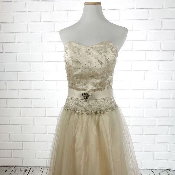 Masquerade Cream Strapless Sequin Ballgown - Size 13 - Picture 1 of 12